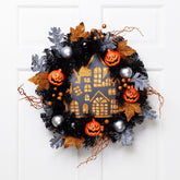 Orange and Black Haunted House Halloween Wreath  24-Inch  Unlit